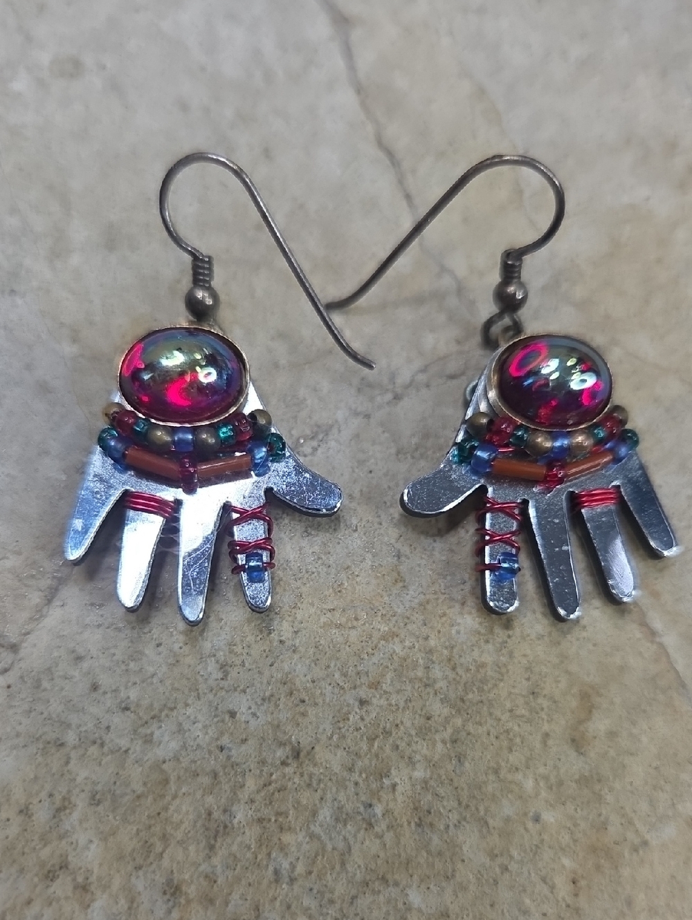 Signed Liztech Silver Hand Hamsa Earrings with Iridescent Red Cabochons Wirewrap